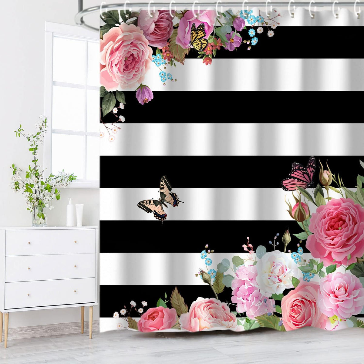 Pink Shower Curtains for Bathroom Floral Shower Curtain Flowers Girly Butterfly Black and White Striped Shower Curtain Set with Hooks 72" W x 72" H Machine Washable