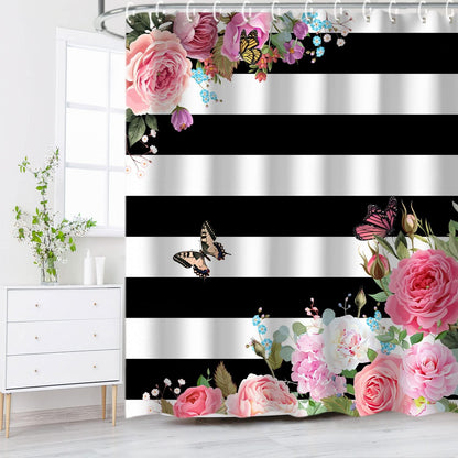 Pink Shower Curtains for Bathroom Floral Shower Curtain Flowers Girly Butterfly Black and White Striped Shower Curtain Set with Hooks 72" W x 72" H Machine Washable