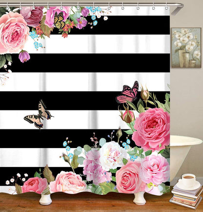Pink Shower Curtains for Bathroom Floral Shower Curtain Flowers Girly Butterfly Black and White Striped Shower Curtain Set with Hooks 72" W x 72" H Machine Washable