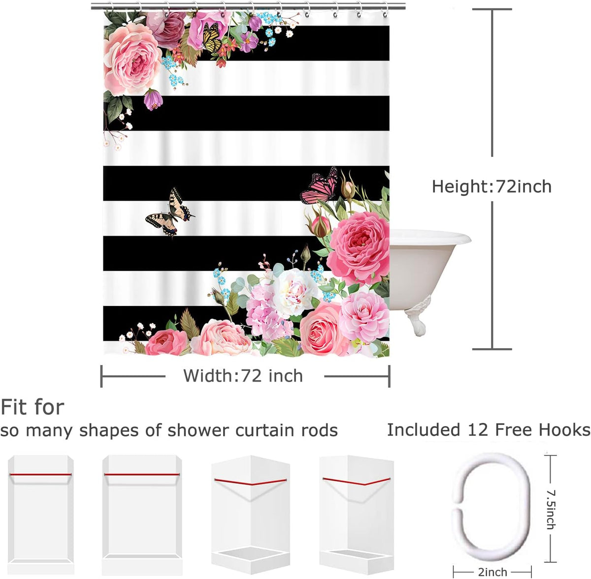 Pink Shower Curtains for Bathroom Floral Shower Curtain Flowers Girly Butterfly Black and White Striped Shower Curtain Set with Hooks 72" W x 72" H Machine Washable