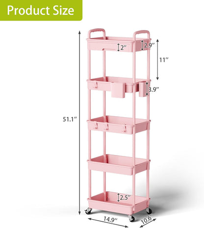 5 Tier Rolling Cart Organizer,Bathroom Cart Organizers with Wheels Laundry Room Organization Mobile Shelving Unit Utility Cart Storage Shelves Multi-Functional for Office, Home(Pink)