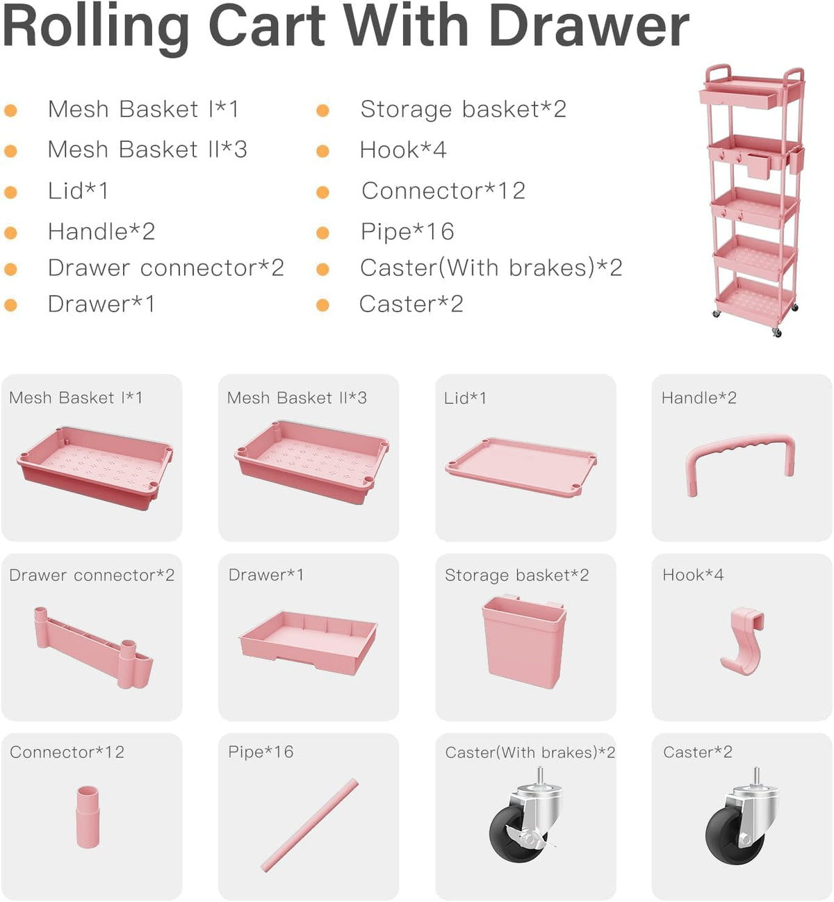 5 Tier Rolling Cart Organizer,Bathroom Cart Organizers with Wheels Laundry Room Organization Mobile Shelving Unit Utility Cart Storage Shelves Multi-Functional for Office, Home(Pink)
