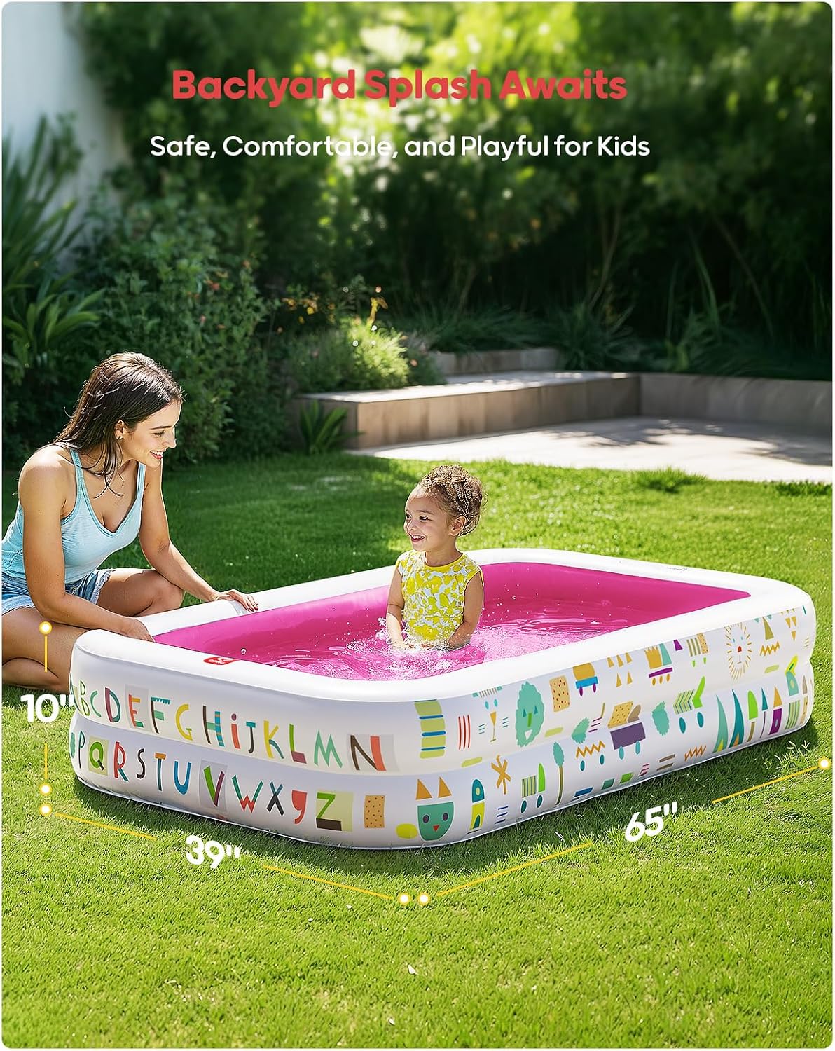 Kiddie Pool, Alphabet and Number Design, 65 x 39 in, Pink