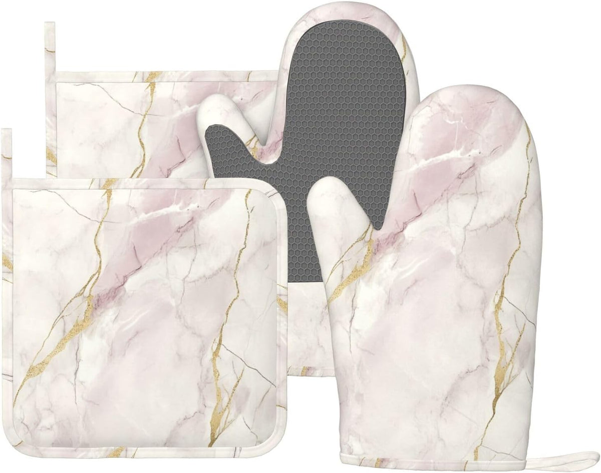 Oven Mitts and Pot Holders Light Pink White Marble Silicone Kitchen Accessories Set of 4 Heat Resistant Long Gloves Potholder Non-Slip Grip for Chef Cooking Baking Grilling BBQ
