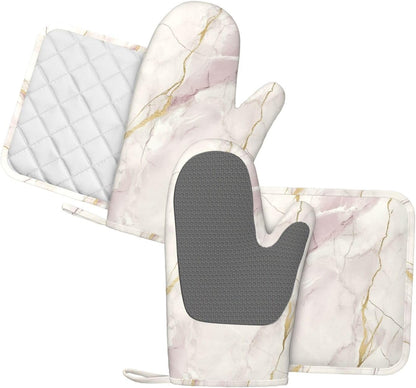 Oven Mitts and Pot Holders Light Pink White Marble Silicone Kitchen Accessories Set of 4 Heat Resistant Long Gloves Potholder Non-Slip Grip for Chef Cooking Baking Grilling BBQ