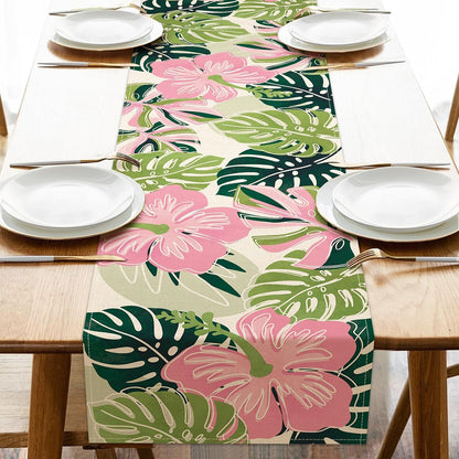 Boho Palm Leaves Spring Summer Table Runner, Tropical Hibiscus Flower