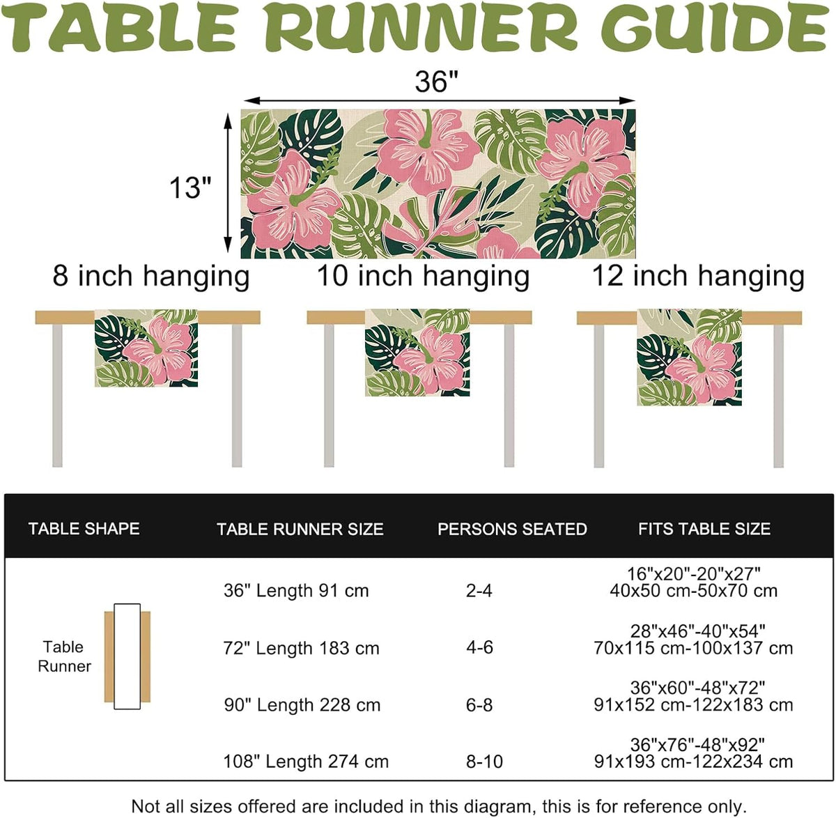 Boho Palm Leaves Spring Summer Table Runner, Tropical Hibiscus Flower
