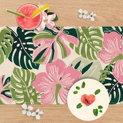 Boho Palm Leaves Spring Summer Table Runner, Tropical Hibiscus Flower