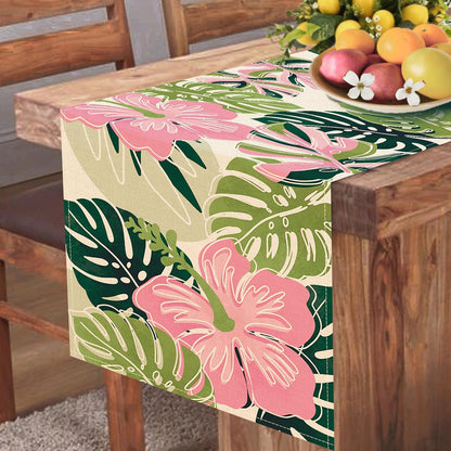 Boho Palm Leaves Spring Summer Table Runner, Tropical Hibiscus Flower
