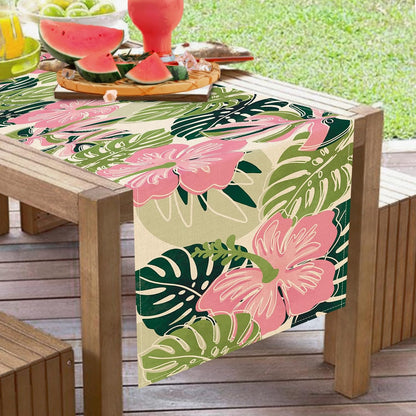 Boho Palm Leaves Spring Summer Table Runner, Tropical Hibiscus Flower