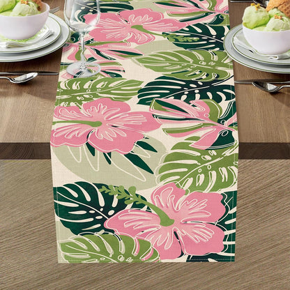 Boho Palm Leaves Spring Summer Table Runner, Tropical Hibiscus Flower