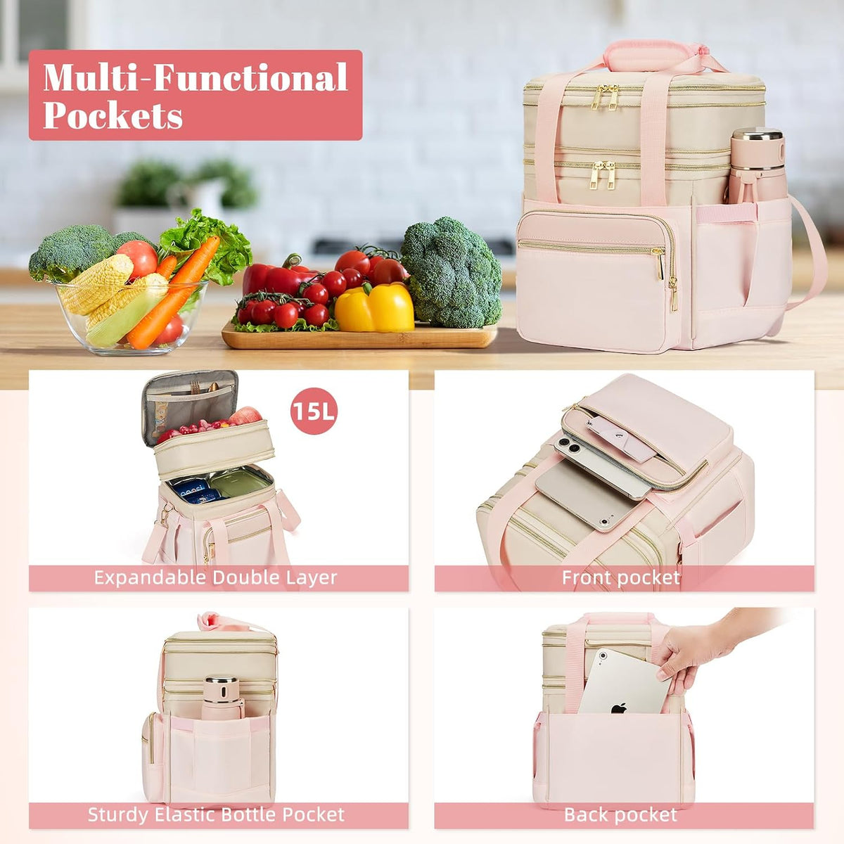 holuxer Lunch Bag for Women - Expandable Double Deck Lunch Box