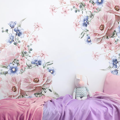 Pink Blue Flowers Wall Decals Large Removable Floral Leaves Wall Stickers Peel and Stick Delicate Blossom Art Applique for Bedroom Living Room Sofa Background Wall Decor