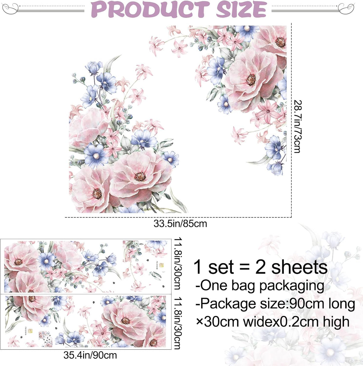 Pink Blue Flowers Wall Decals Large Removable Floral Leaves Wall Stickers Peel and Stick Delicate Blossom Art Applique for Bedroom Living Room Sofa Background Wall Decor