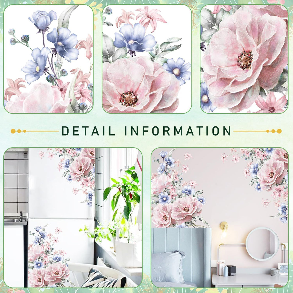 Pink Blue Flowers Wall Decals Large Removable Floral Leaves Wall Stickers Peel and Stick Delicate Blossom Art Applique for Bedroom Living Room Sofa Background Wall Decor