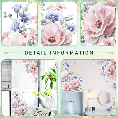 Pink Blue Flowers Wall Decals Large Removable Floral Leaves Wall Stickers Peel and Stick Delicate Blossom Art Applique for Bedroom Living Room Sofa Background Wall Decor