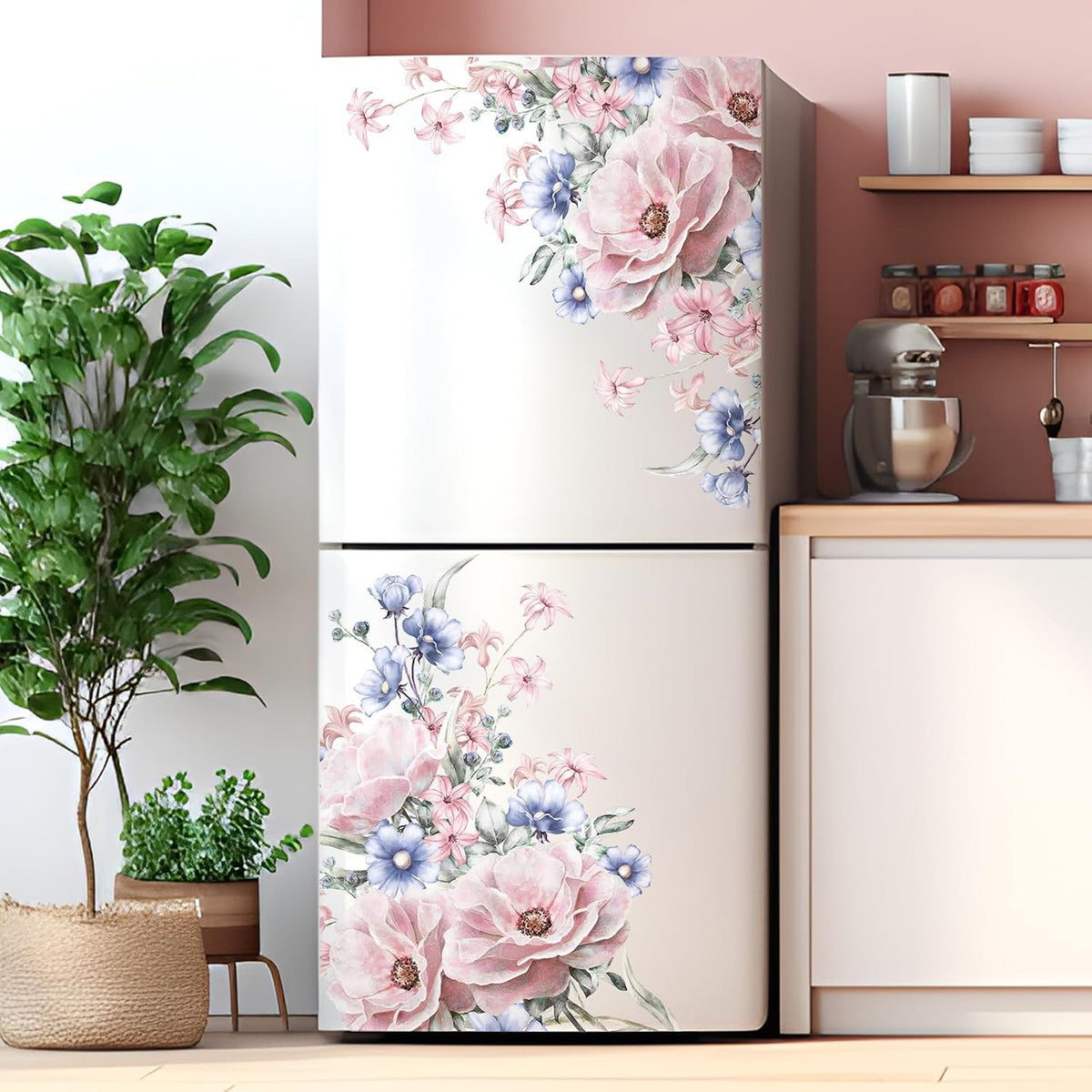 Pink Blue Flowers Wall Decals Large Removable Floral Leaves Wall Stickers Peel and Stick Delicate Blossom Art Applique for Bedroom Living Room Sofa Background Wall Decor