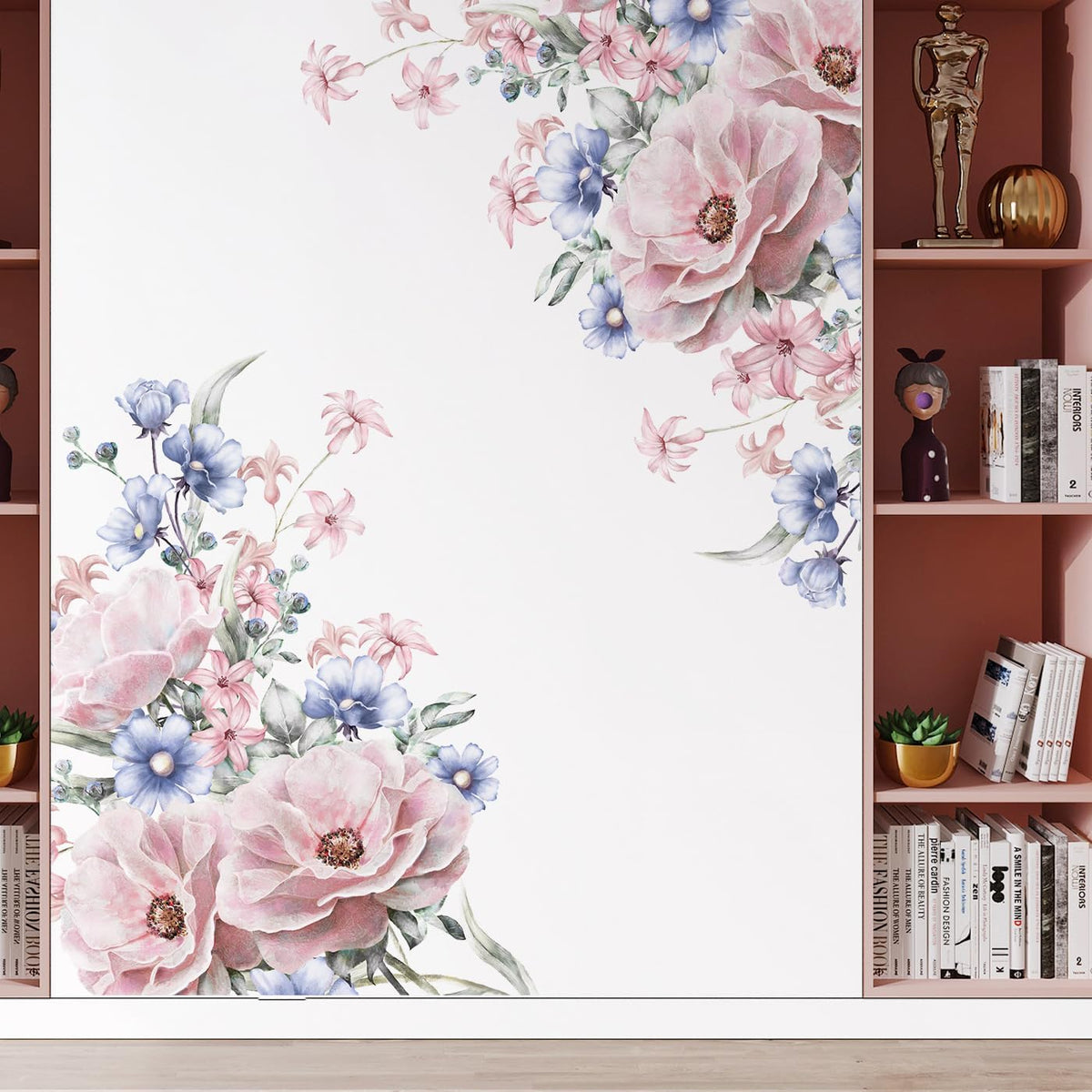 Pink Blue Flowers Wall Decals Large Removable Floral Leaves Wall Stickers Peel and Stick Delicate Blossom Art Applique for Bedroom Living Room Sofa Background Wall Decor