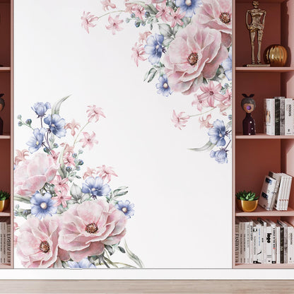 Pink Blue Flowers Wall Decals Large Removable Floral Leaves Wall Stickers Peel and Stick Delicate Blossom Art Applique for Bedroom Living Room Sofa Background Wall Decor