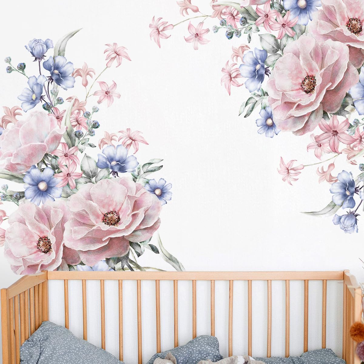 Pink Blue Flowers Wall Decals Large Removable Floral Leaves Wall Stickers Peel and Stick Delicate Blossom Art Applique for Bedroom Living Room Sofa Background Wall Decor