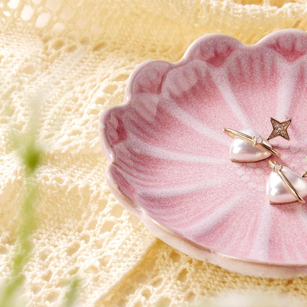 Lotus Ring Holder Dish Small Indoor Ash Tray, Ceramic Dessert Plate Trinket Jewelry Holder Organizing Necklace Earrings for Parents Friends Sister, Pink. All Jewelries Are NOT Included.