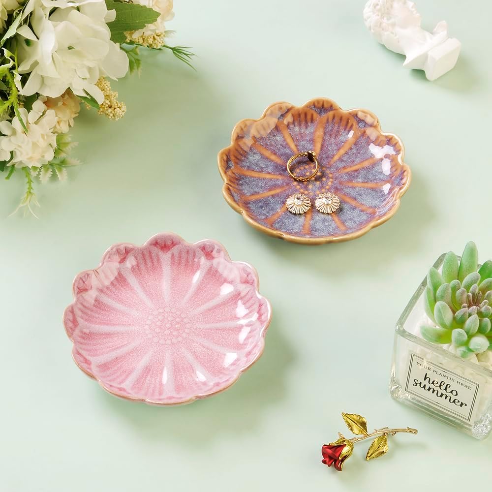 Lotus Ring Holder Dish Small Indoor Ash Tray, Ceramic Dessert Plate Trinket Jewelry Holder Organizing Necklace Earrings for Parents Friends Sister, Pink. All Jewelries Are NOT Included.