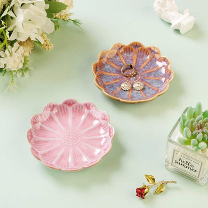 Lotus Ring Holder Dish Small Indoor Ash Tray, Ceramic Dessert Plate Trinket Jewelry Holder Organizing Necklace Earrings for Parents Friends Sister, Pink. All Jewelries Are NOT Included.
