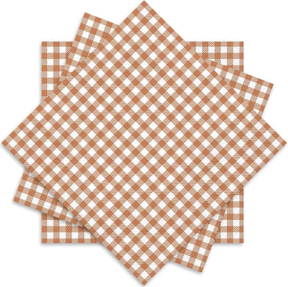 Whaline Brown Plaid Paper Napkins Locally Grown Baby Shower Disposable Dinner Napkin Fall Brown Checkered Decorative Luncheon Napkin for Autumn Thanksgiving Home Party Table Decor, 50Pcs