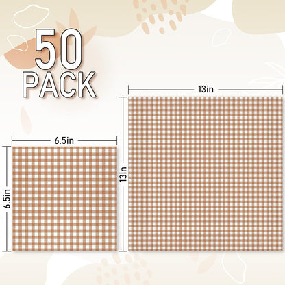Whaline Brown Plaid Paper Napkins Locally Grown Baby Shower Disposable Dinner Napkin Fall Brown Checkered Decorative Luncheon Napkin for Autumn Thanksgiving Home Party Table Decor, 50Pcs