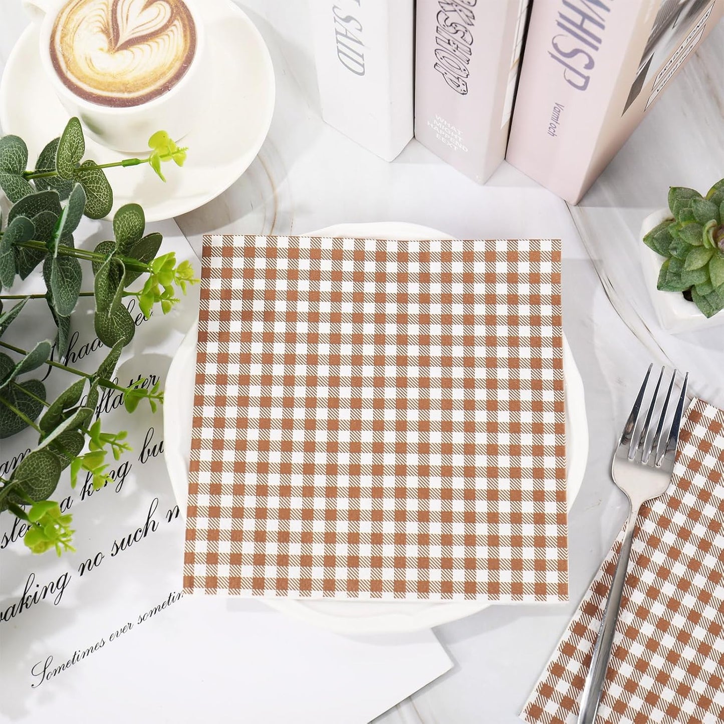 Whaline Brown Plaid Paper Napkins Locally Grown Baby Shower Disposable Dinner Napkin Fall Brown Checkered Decorative Luncheon Napkin for Autumn Thanksgiving Home Party Table Decor, 50Pcs
