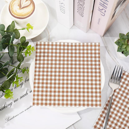 Whaline Brown Plaid Paper Napkins Locally Grown Baby Shower Disposable Dinner Napkin Fall Brown Checkered Decorative Luncheon Napkin for Autumn Thanksgiving Home Party Table Decor, 50Pcs