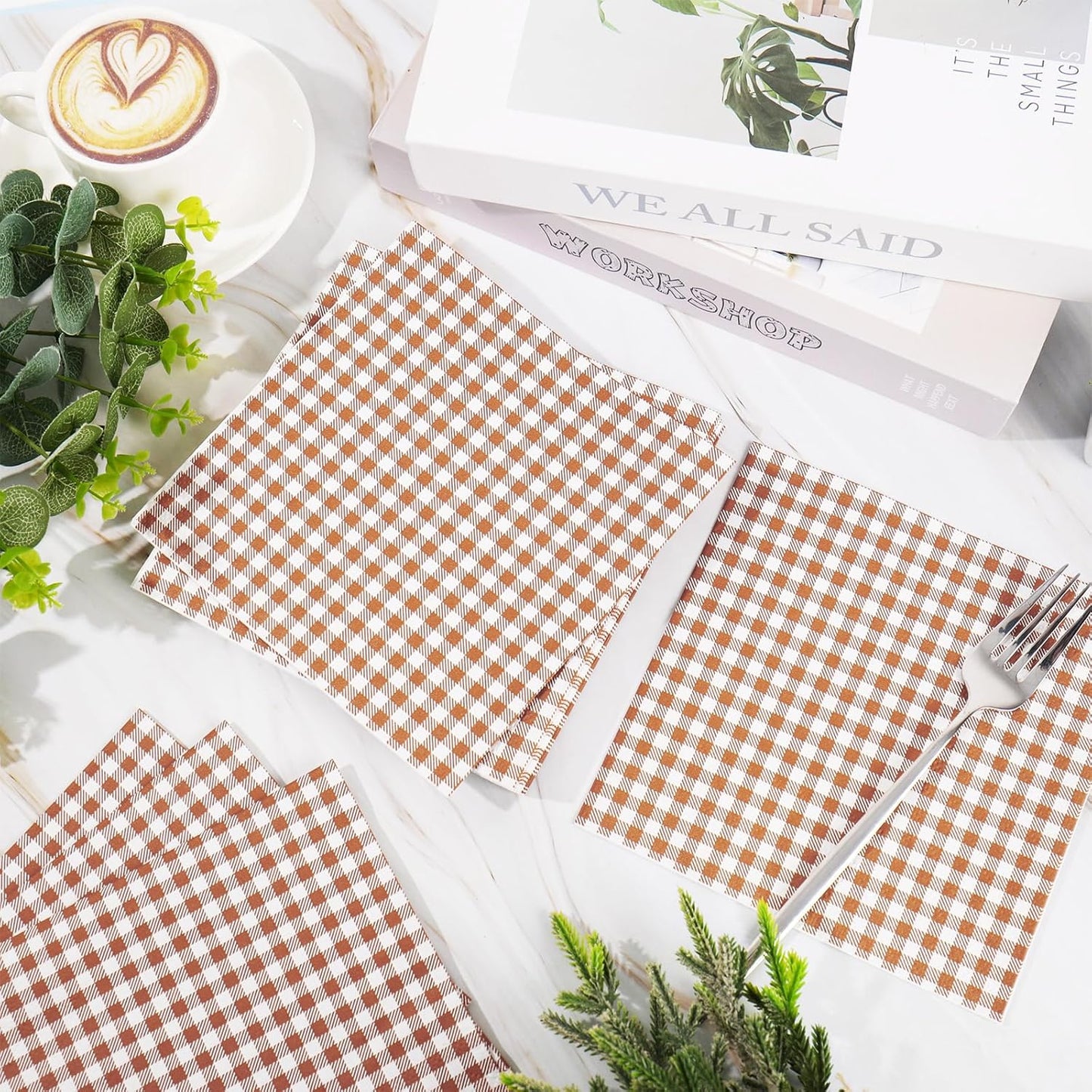 Whaline Brown Plaid Paper Napkins Locally Grown Baby Shower Disposable Dinner Napkin Fall Brown Checkered Decorative Luncheon Napkin for Autumn Thanksgiving Home Party Table Decor, 50Pcs