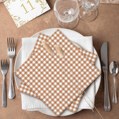 Whaline Brown Plaid Paper Napkins Locally Grown Baby Shower Disposable Dinner Napkin Fall Brown Checkered Decorative Luncheon Napkin for Autumn Thanksgiving Home Party Table Decor, 50Pcs