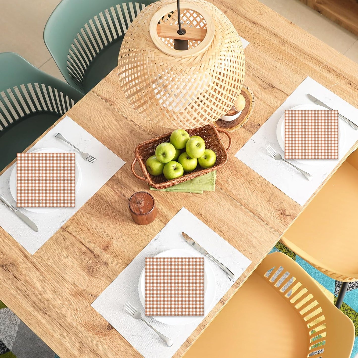 Whaline Brown Plaid Paper Napkins Locally Grown Baby Shower Disposable Dinner Napkin Fall Brown Checkered Decorative Luncheon Napkin for Autumn Thanksgiving Home Party Table Decor, 50Pcs