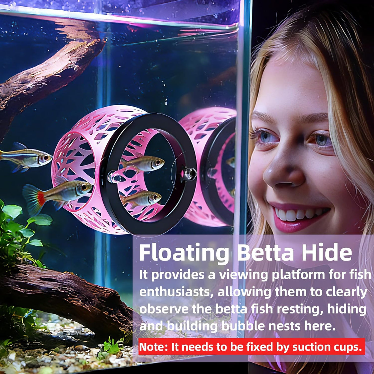 Floating Betta Hideout Cave for Aquarium, Multi-Function Resting Hammock & Shrimp Feeder with Fish Feeding Ring, Betta Fish Tank Accessories, Aquarium Decor & Fish Tank Decor（Rainbow Pink）