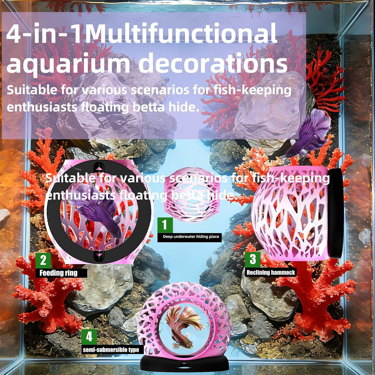 Floating Betta Hideout Cave for Aquarium, Multi-Function Resting Hammock & Shrimp Feeder with Fish Feeding Ring, Betta Fish Tank Accessories, Aquarium Decor & Fish Tank Decor（Rainbow Pink）