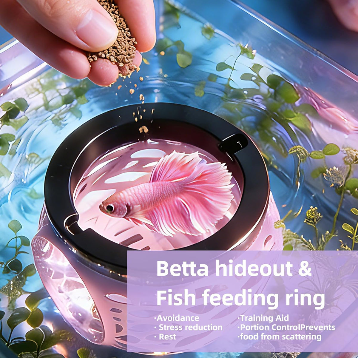 Floating Betta Hideout Cave for Aquarium, Multi-Function Resting Hammock & Shrimp Feeder with Fish Feeding Ring, Betta Fish Tank Accessories, Aquarium Decor & Fish Tank Decor（Rainbow Pink）