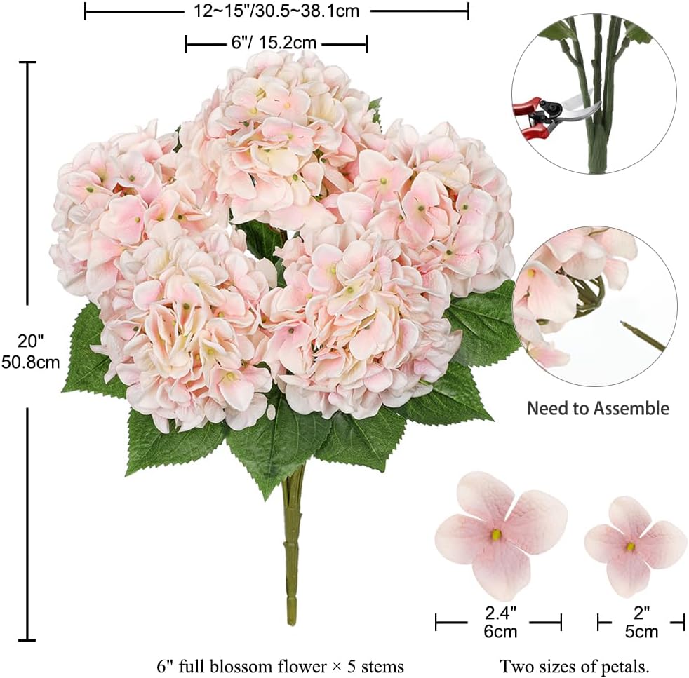 Light Pink Hydrangea Artificial Flowers Large Artificial Hydrangeas Silk Flowers for Home Decor Indoor Wedding Flowers Bouquets Faux Flowers Kitchen Centerpiece Table Decorations