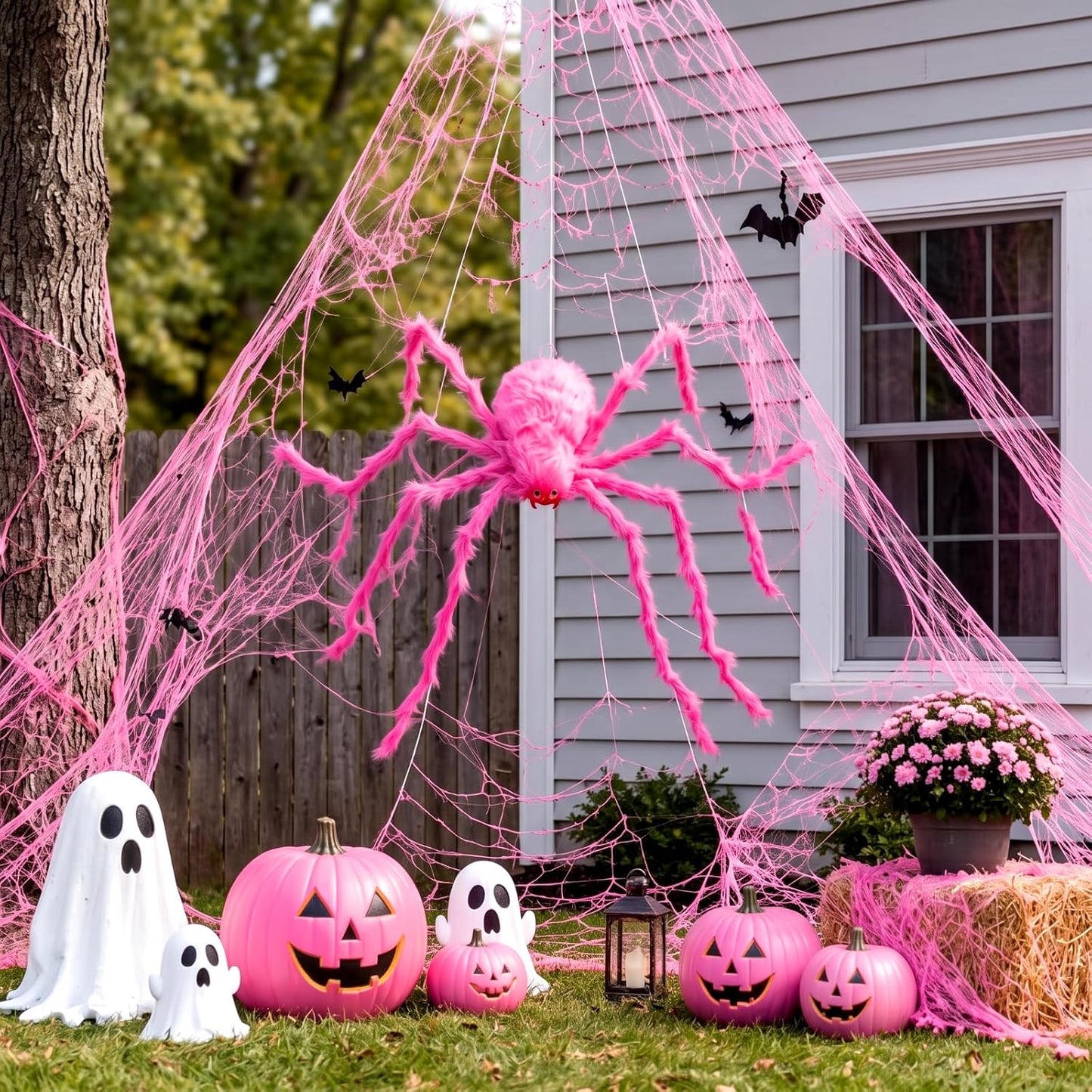 3 Pcs Pink Spider Web Summer Halloween Decorations, 48in Giant Spider 16.4 x 15.7ft Triangular Web Pink Gauze Cloth Fake Spiderweb Halloween Decor Outdoor for Haunted House Home Party Decor