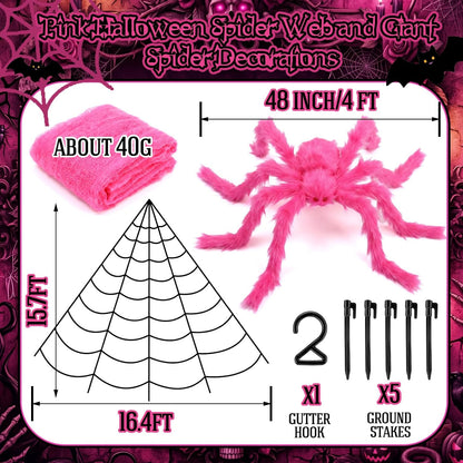 3 Pcs Pink Spider Web Summer Halloween Decorations, 48in Giant Spider 16.4 x 15.7ft Triangular Web Pink Gauze Cloth Fake Spiderweb Halloween Decor Outdoor for Haunted House Home Party Decor