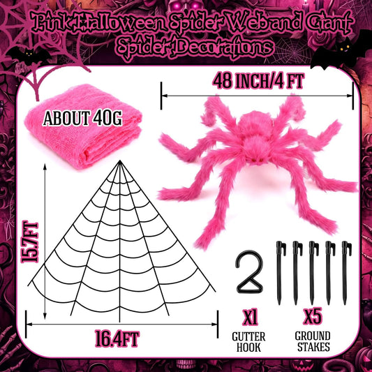 3 Pcs Pink Spider Web Summer Halloween Decorations, 48in Giant Spider 16.4 x 15.7ft Triangular Web Pink Gauze Cloth Fake Spiderweb Halloween Decor Outdoor for Haunted House Home Party Decor