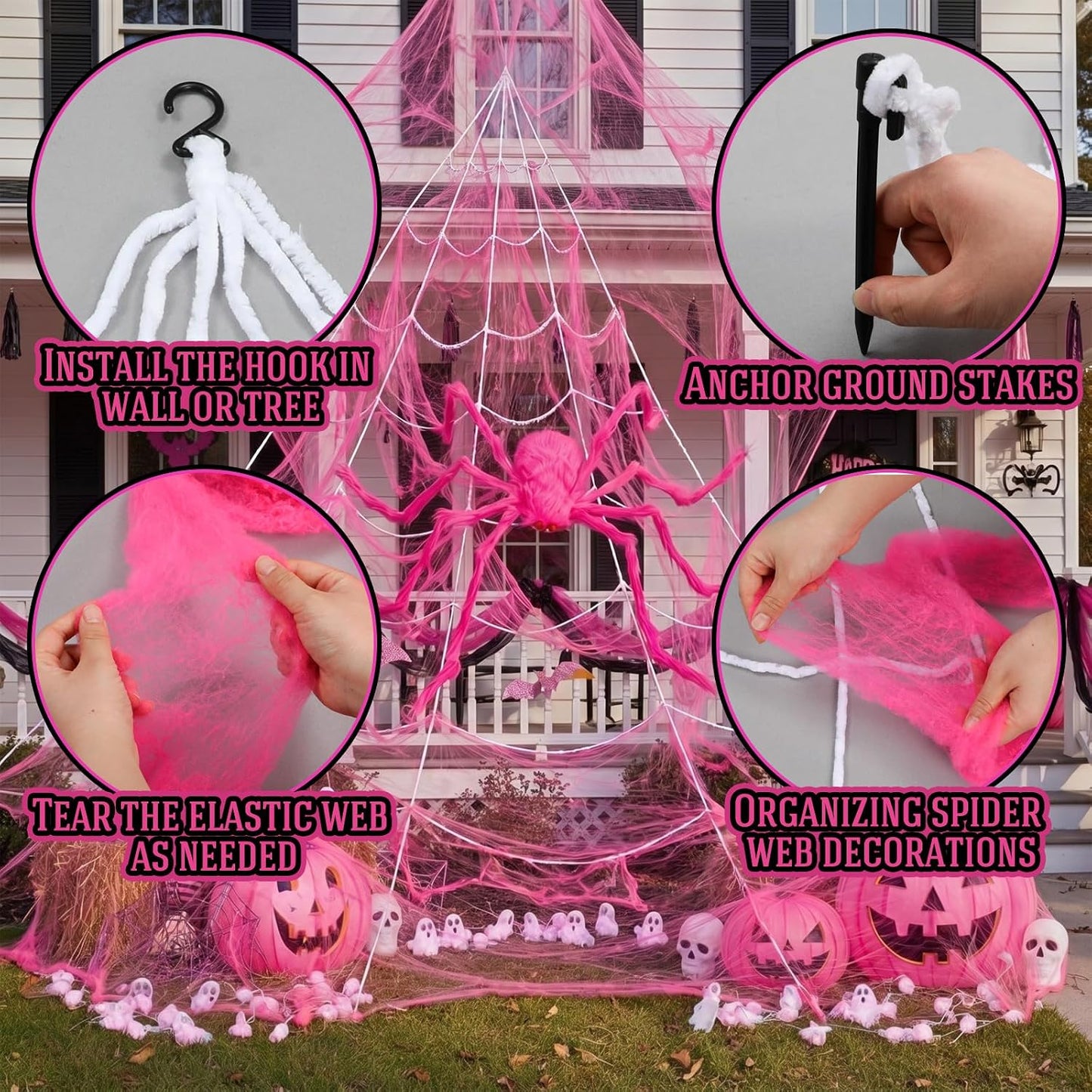 3 Pcs Pink Spider Web Summer Halloween Decorations, 48in Giant Spider 16.4 x 15.7ft Triangular Web Pink Gauze Cloth Fake Spiderweb Halloween Decor Outdoor for Haunted House Home Party Decor
