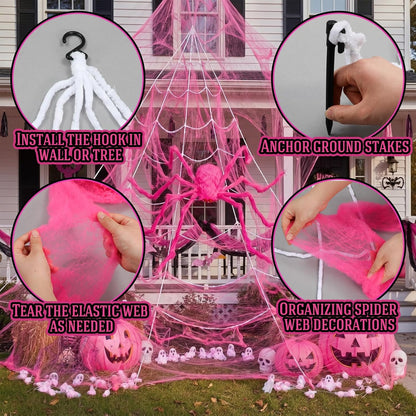 3 Pcs Pink Spider Web Summer Halloween Decorations, 48in Giant Spider 16.4 x 15.7ft Triangular Web Pink Gauze Cloth Fake Spiderweb Halloween Decor Outdoor for Haunted House Home Party Decor