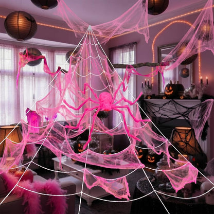 3 Pcs Pink Spider Web Summer Halloween Decorations, 48in Giant Spider 16.4 x 15.7ft Triangular Web Pink Gauze Cloth Fake Spiderweb Halloween Decor Outdoor for Haunted House Home Party Decor