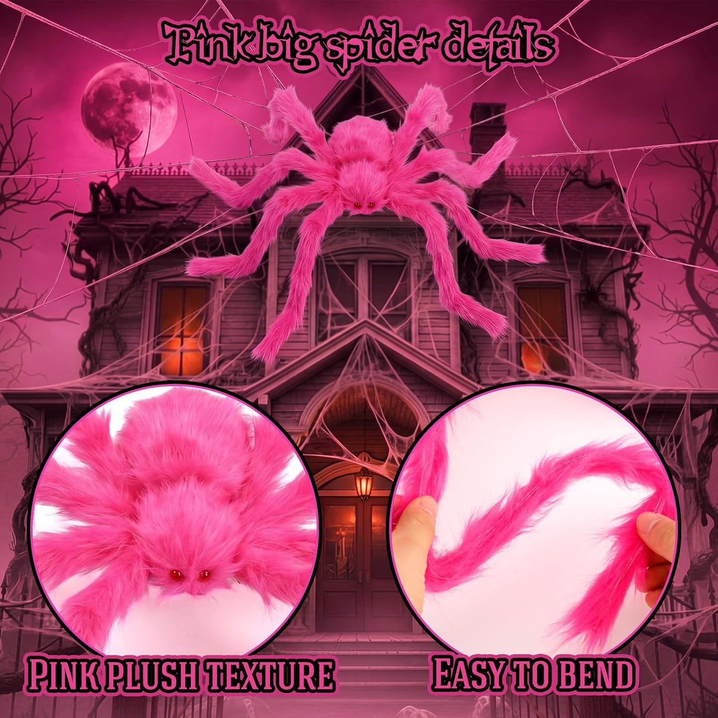 3 Pcs Pink Spider Web Summer Halloween Decorations, 48in Giant Spider 16.4 x 15.7ft Triangular Web Pink Gauze Cloth Fake Spiderweb Halloween Decor Outdoor for Haunted House Home Party Decor