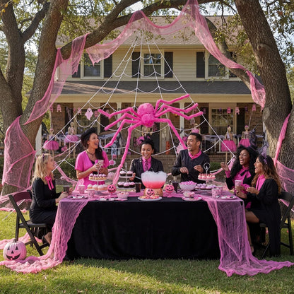 3 Pcs Pink Spider Web Summer Halloween Decorations, 48in Giant Spider 16.4 x 15.7ft Triangular Web Pink Gauze Cloth Fake Spiderweb Halloween Decor Outdoor for Haunted House Home Party Decor
