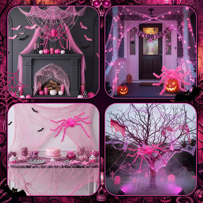 3 Pcs Pink Spider Web Summer Halloween Decorations, 48in Giant Spider 16.4 x 15.7ft Triangular Web Pink Gauze Cloth Fake Spiderweb Halloween Decor Outdoor for Haunted House Home Party Decor