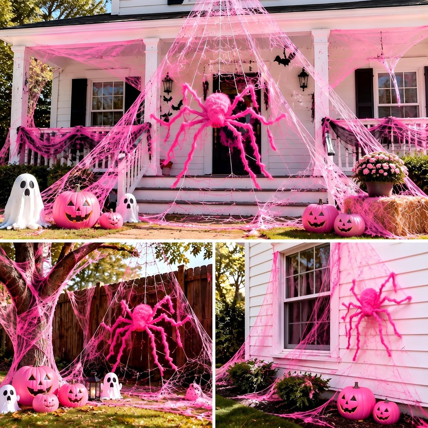 3 Pcs Pink Spider Web Summer Halloween Decorations, 48in Giant Spider 16.4 x 15.7ft Triangular Web Pink Gauze Cloth Fake Spiderweb Halloween Decor Outdoor for Haunted House Home Party Decor