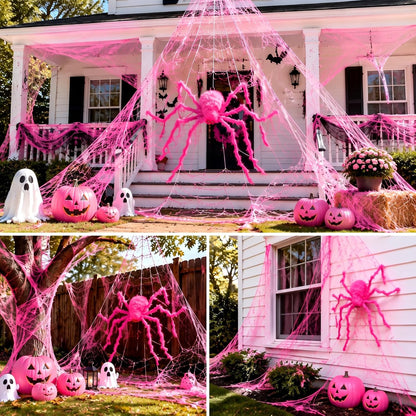 3 Pcs Pink Spider Web Summer Halloween Decorations, 48in Giant Spider 16.4 x 15.7ft Triangular Web Pink Gauze Cloth Fake Spiderweb Halloween Decor Outdoor for Haunted House Home Party Decor