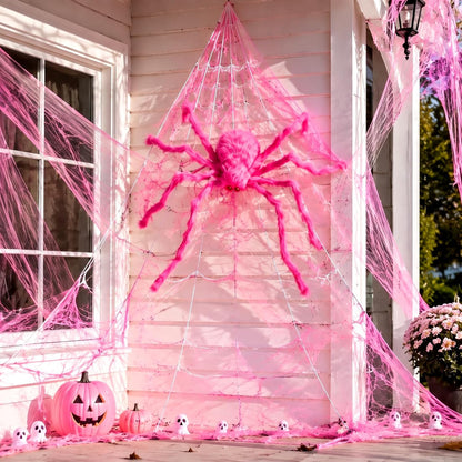 3 Pcs Pink Spider Web Summer Halloween Decorations, 48in Giant Spider 16.4 x 15.7ft Triangular Web Pink Gauze Cloth Fake Spiderweb Halloween Decor Outdoor for Haunted House Home Party Decor